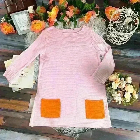 Margret Winters 100% Cotton Pink Shift Dress w/ Orange Pockets Artisan Knit Mod - Picture 1 of 12